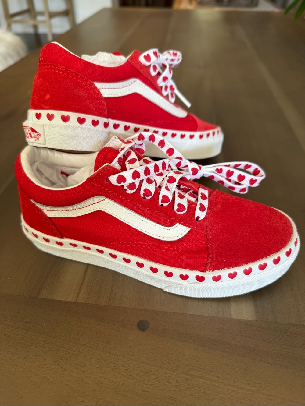 Vans Kids Red and White Heart-Trim Low Top Sneakers